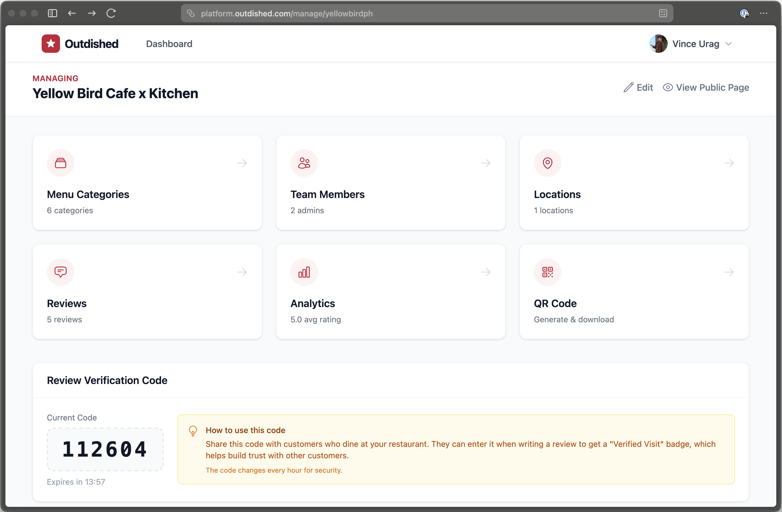 Outdished restaurant management dashboard